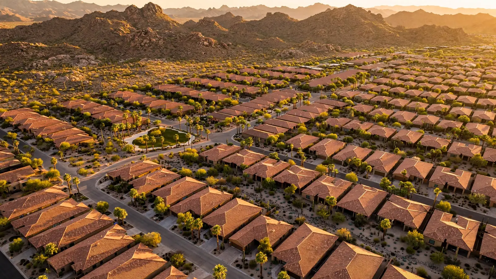 Terracotta tile rooftops in a Phoenix desert community at golden hour, desert mountains behind
